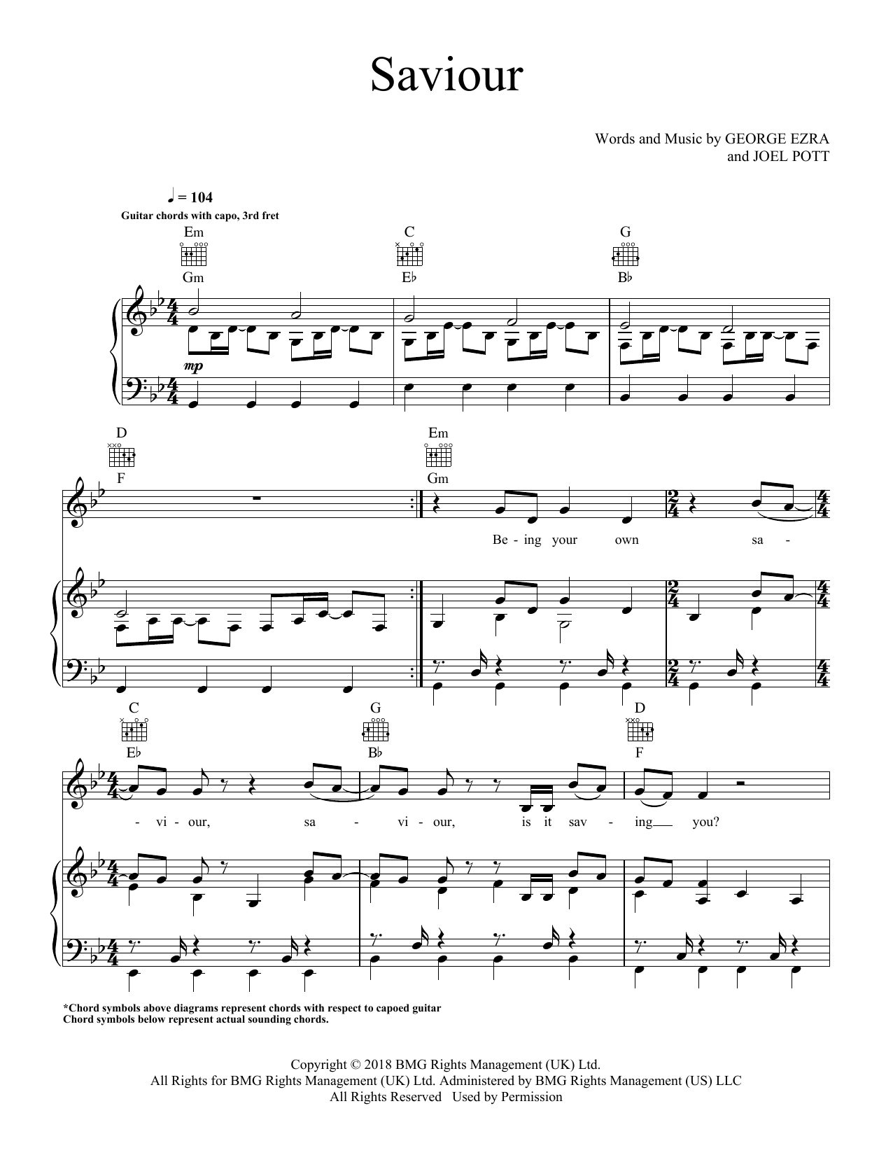 Learn to play George Ezra Saviour (feat. First Aid Kit) sheet music for Piano, Vocal & Guitar Chords (Right-Hand Melody) in minutes. Price: 7.8900$ George Ezra Saviour (feat. First Aid Kit) sheet music notes and chords arranged for Piano, Vocal & Guitar Chords (Right-Hand Melody)