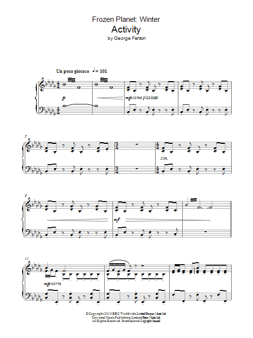 Learn to play George Fenton Frozen Planet, Activity sheet music for Piano Solo in minutes. Price: 7.8900$ George Fenton Frozen Planet, Activity sheet music notes and chords arranged for Piano Solo