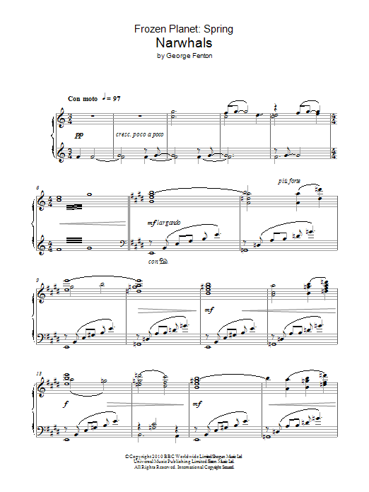 Learn to play George Fenton Frozen Planet, Narwhals sheet music for Piano Solo in minutes. Price: 7.8900$ George Fenton Frozen Planet, Narwhals sheet music notes and chords arranged for Piano Solo
