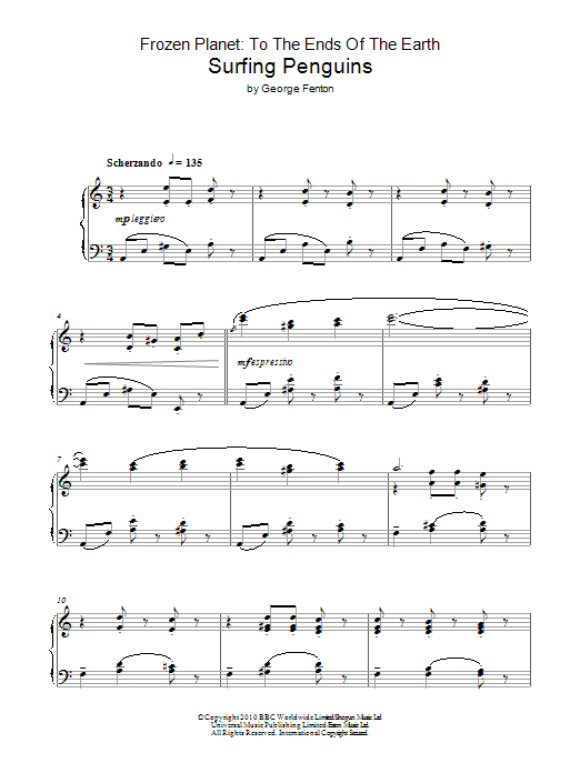 Learn to play George Fenton Frozen Planet, Surfing Penguins sheet music for Piano Solo in minutes. Price: 7.8900$ George Fenton Frozen Planet, Surfing Penguins sheet music notes and chords arranged for Piano Solo