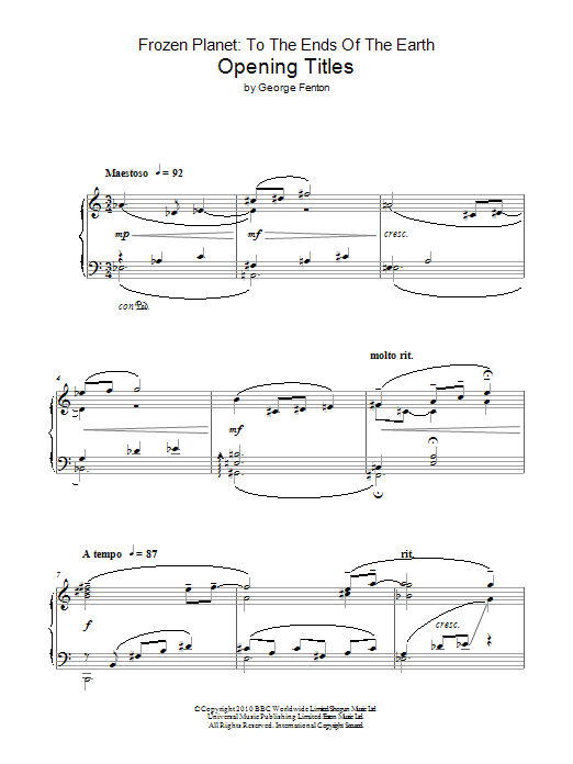 George Fenton Frozen Planet, 'To The Ends Of The Earth' Opening Titles sheet music notes and chords arranged for Piano Solo