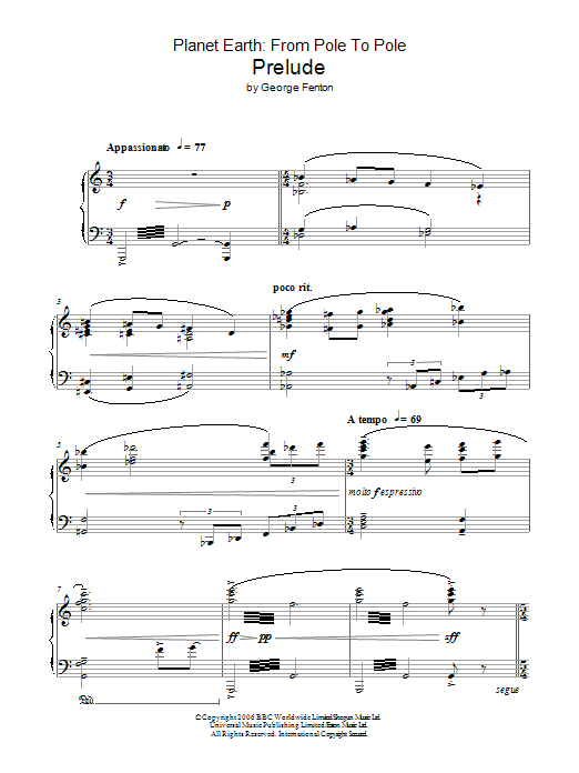 Learn to play George Fenton Planet Earth: Prelude sheet music for Piano Solo in minutes. Price: 7.8900$ George Fenton Planet Earth: Prelude sheet music notes and chords arranged for Piano Solo