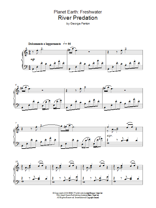 Learn to play George Fenton Planet Earth: River Predation sheet music for Piano Solo in minutes. Price: 7.8900$ George Fenton Planet Earth: River Predation sheet music notes and chords arranged for Piano Solo