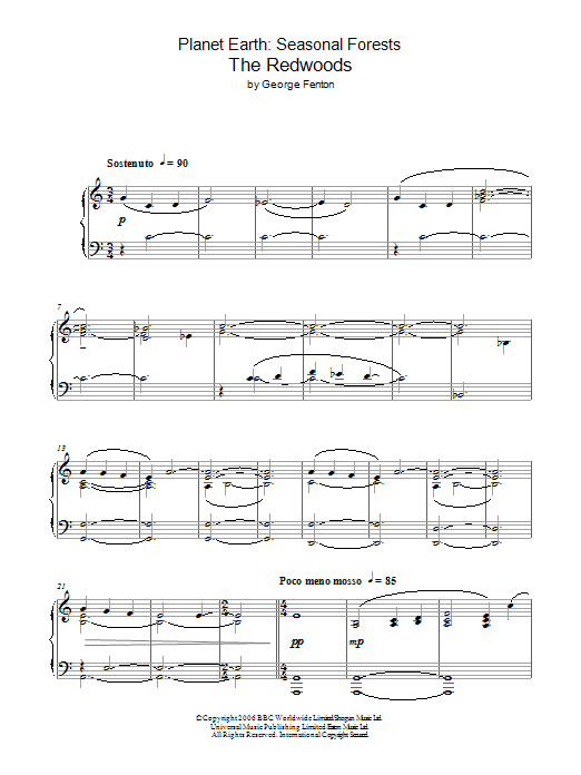 Learn to play George Fenton Planet Earth: The Redwoods sheet music for Piano Solo in minutes. Price: 7.8900$ George Fenton Planet Earth: The Redwoods sheet music notes and chords arranged for Piano Solo