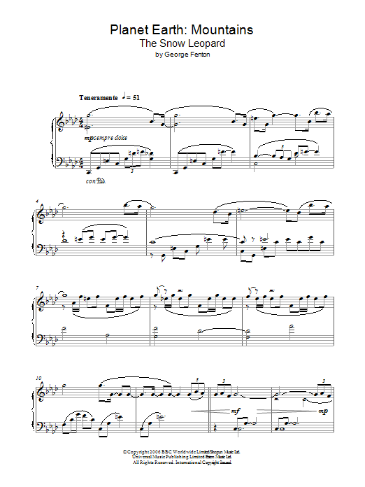 Learn to play George Fenton Planet Earth: The Snow Leopard sheet music for Piano Solo in minutes. Price: 7.8900$ George Fenton Planet Earth: The Snow Leopard sheet music notes and chords arranged for Piano Solo