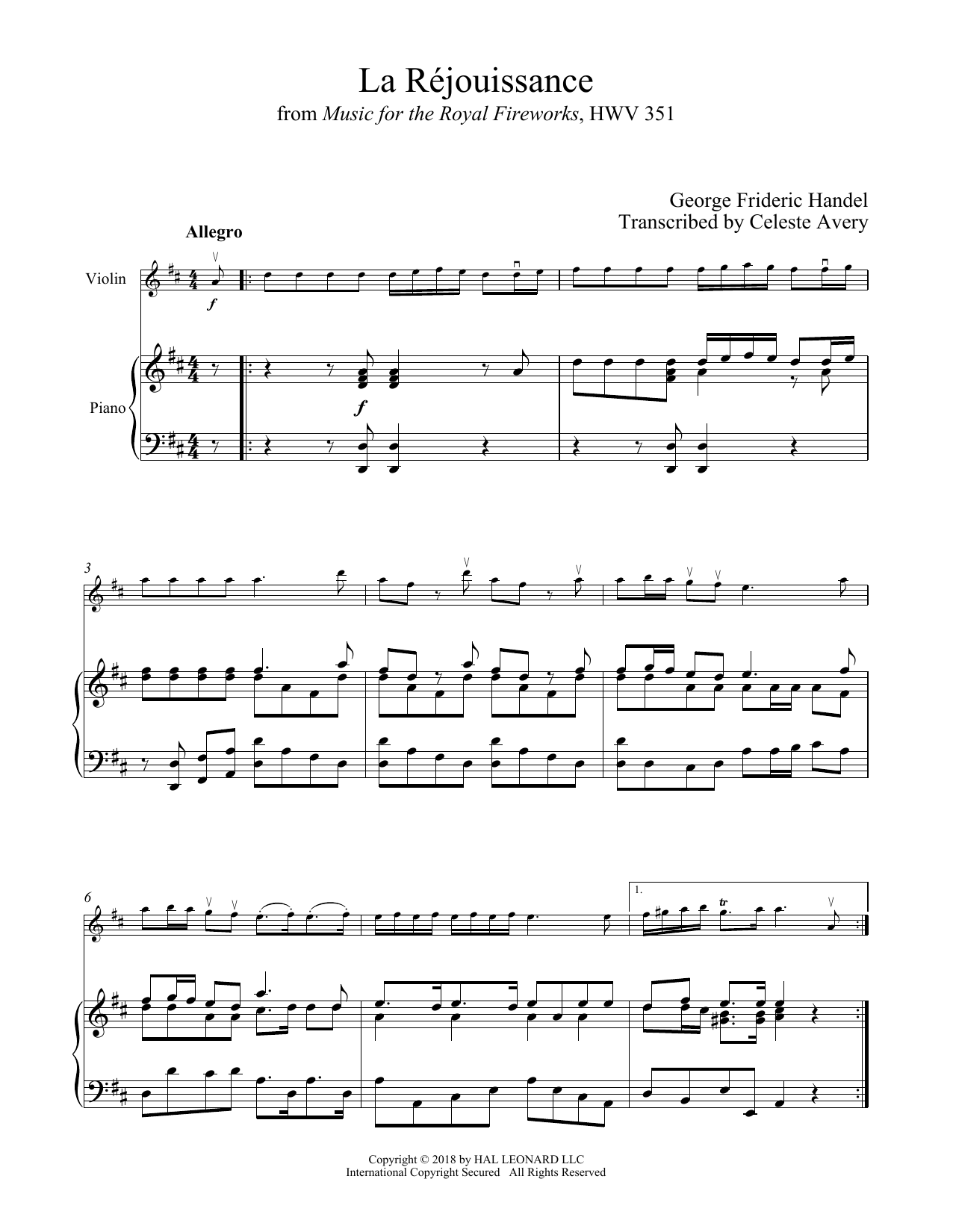 George Frederic Handel La Rejouissance sheet music notes and chords. Download Printable PDF.