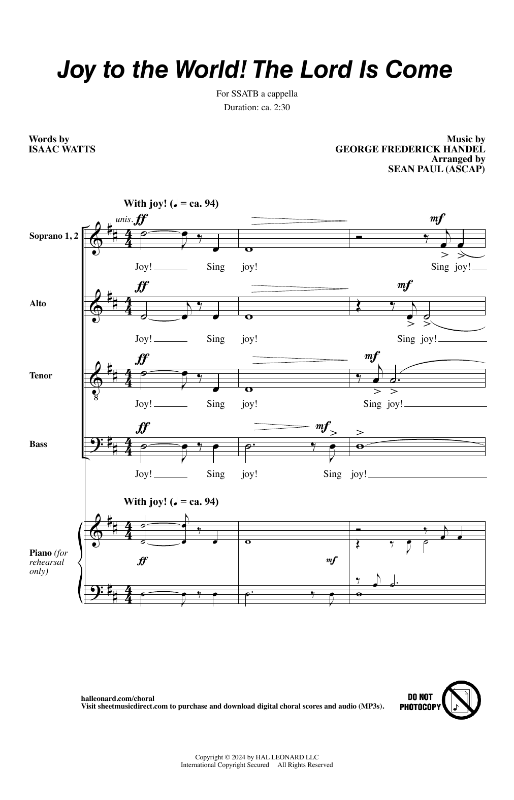 George Frederick Handel Joy To The World! The Lord Is Come (arr. Sean Paul) sheet music notes and chords. Download Printable PDF.