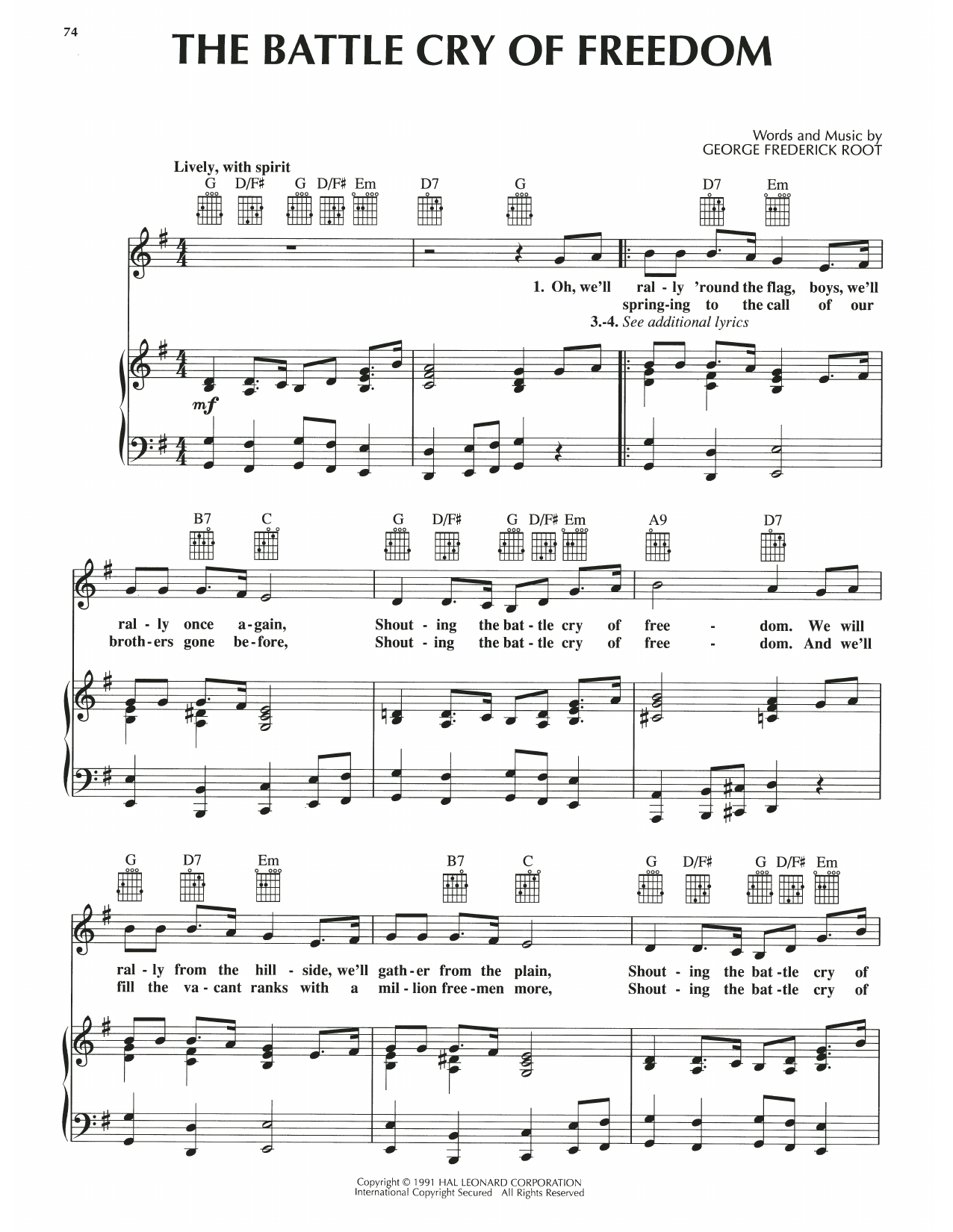 George Frederick Root The Battle Cry Of Freedom sheet music notes and chords arranged for Piano, Vocal & Guitar Chords (Right-Hand Melody)