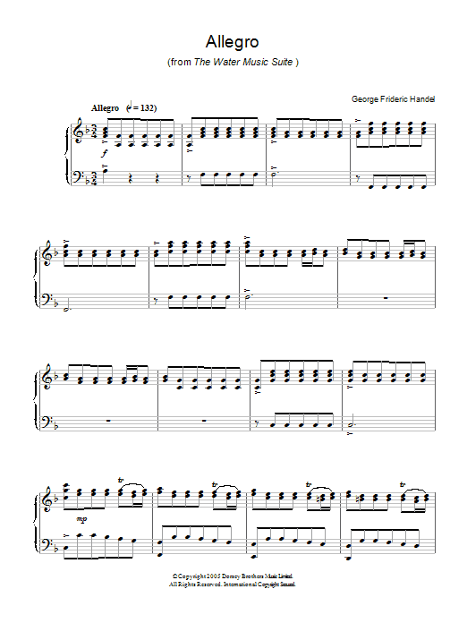 George Frideric Handel Allegro (from The Water Music Suite) sheet music notes and chords arranged for Piano Solo