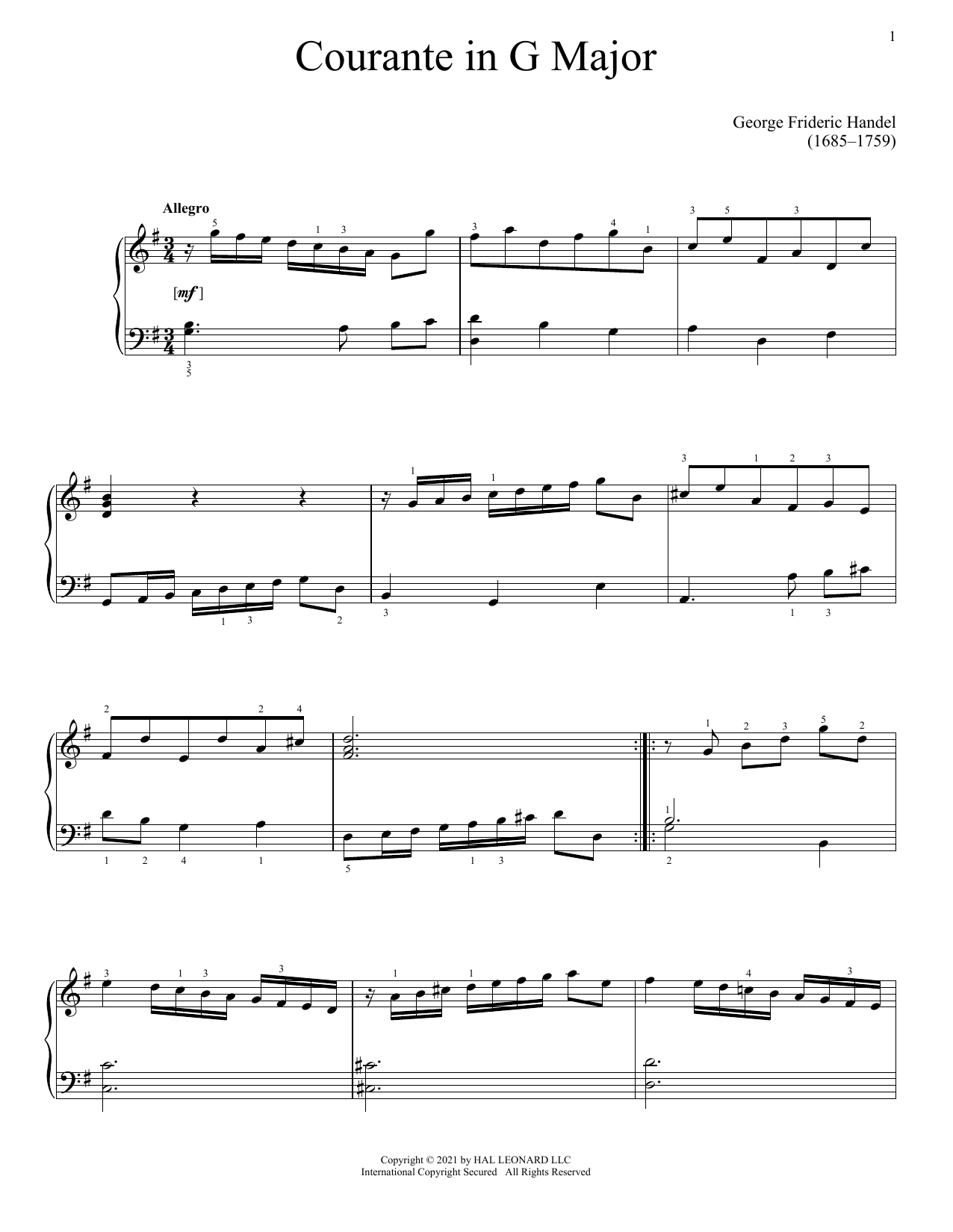 George Frideric Handel Courante sheet music notes and chords arranged for Piano Solo