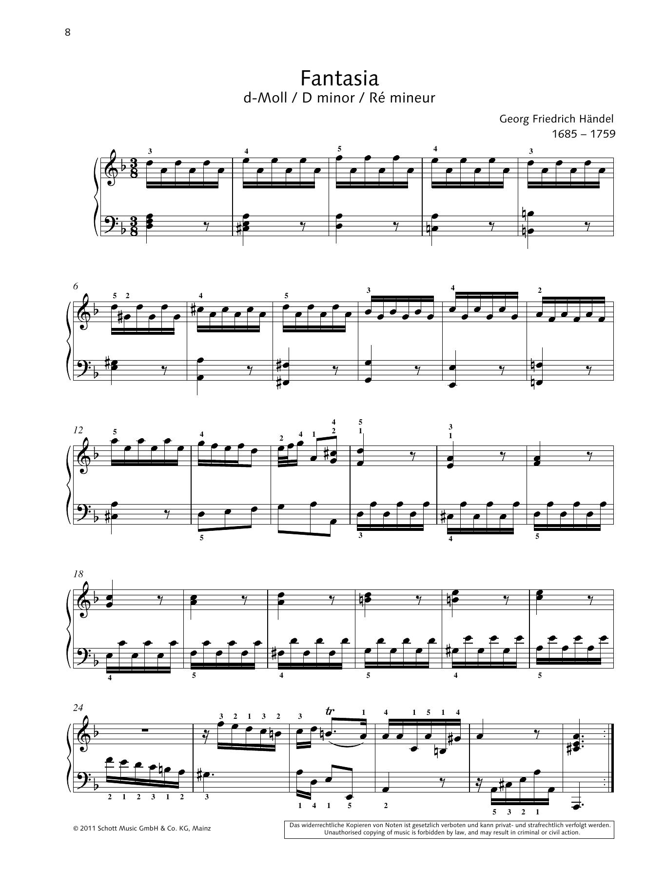 Learn to play George Frideric Handel Fantasia D minor sheet music for Piano Solo in minutes. Price: 6.9900$ George Frideric Handel Fantasia D minor sheet music notes and chords arranged for Piano Solo