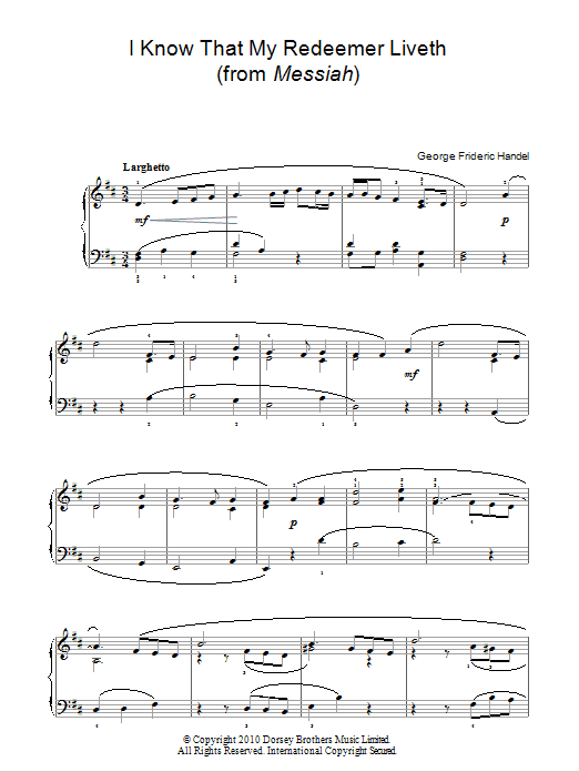 George Frideric Handel I Know That My Redeemer Liveth (from Messiah) sheet music notes and chords. Download Printable PDF.