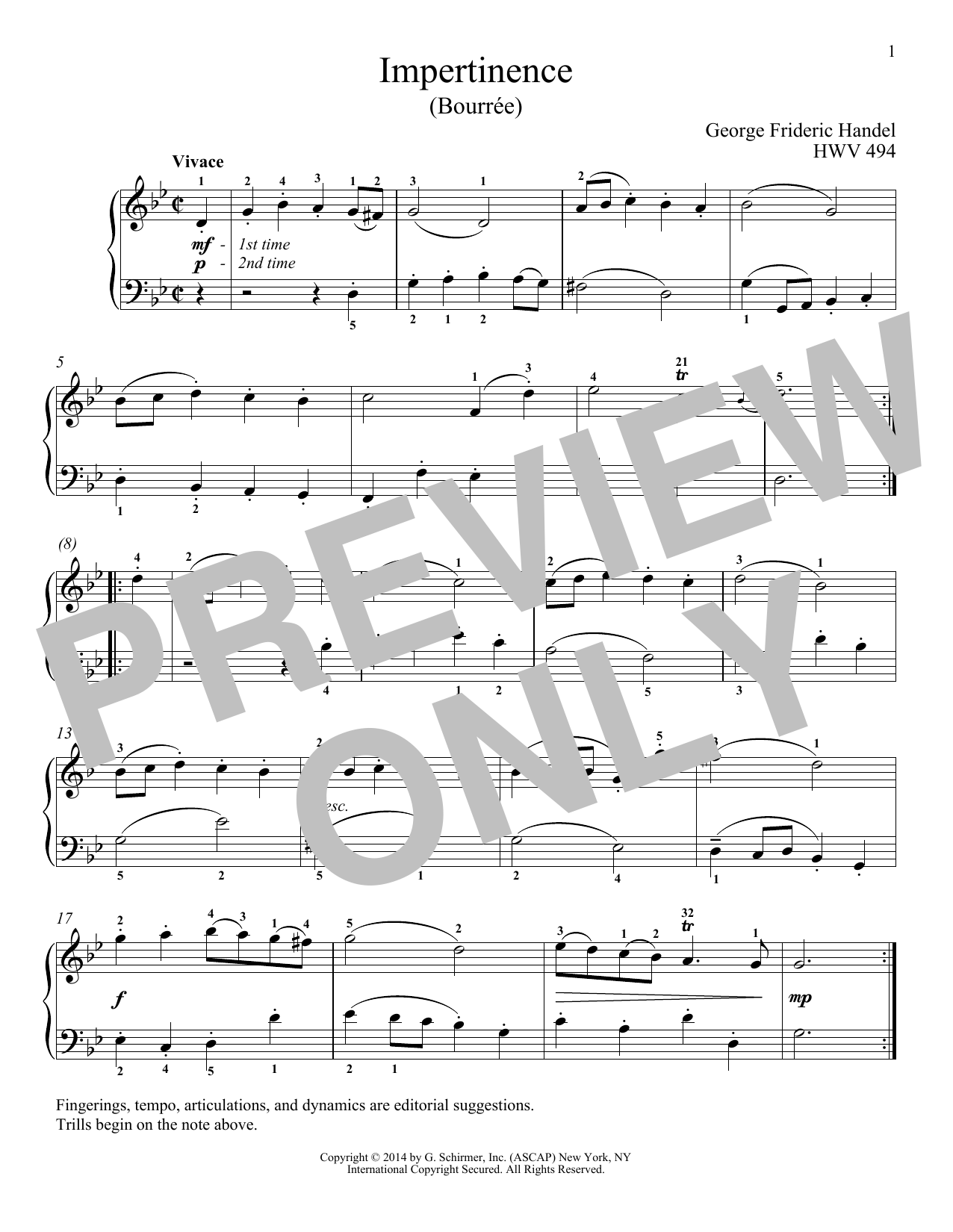 Learn to play George Frideric Handel Impertinence, HWV 494 sheet music for Piano Solo in minutes. Price: 7.8900$ George Frideric Handel Impertinence, HWV 494 sheet music notes and chords arranged for Piano Solo