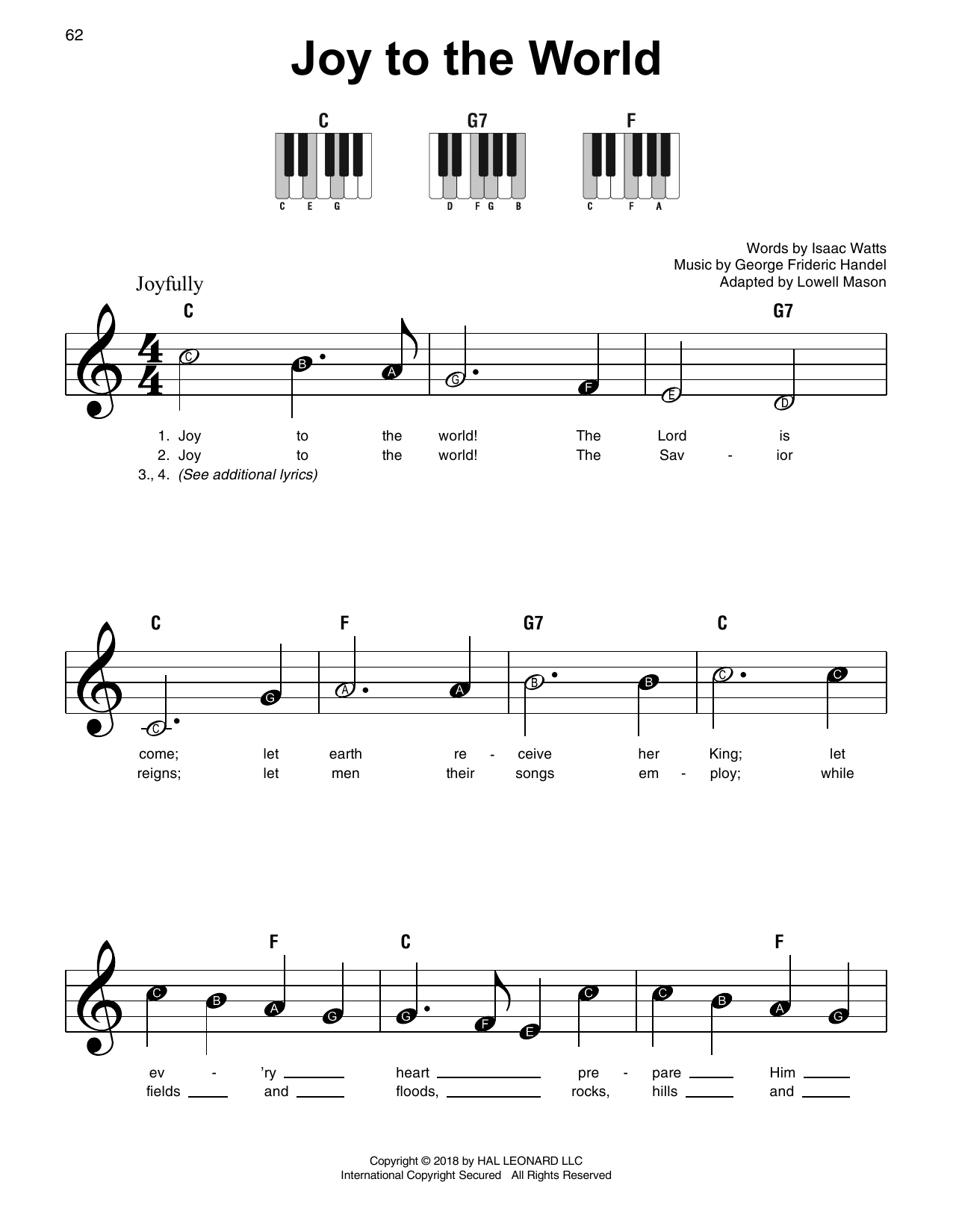 George Frideric Handel Joy To The World sheet music notes and chords arranged for Super Easy Piano