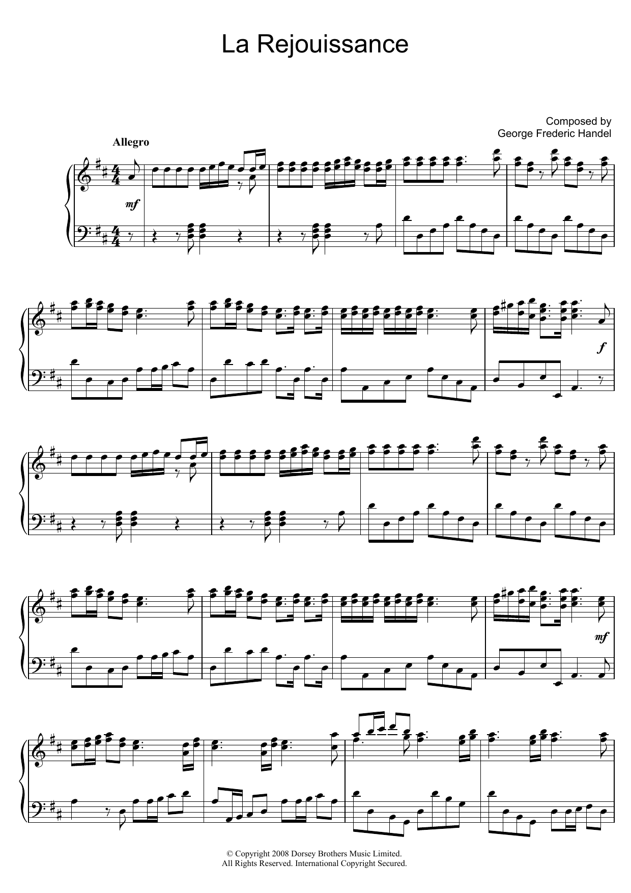 Learn to play George Frideric Handel La Rejouissance (from Music For The Royal Fireworks) sheet music for Piano Solo in minutes. Price: 7.8900$ George Frideric Handel La Rejouissance (from Music For The Royal Fireworks) sheet music notes and chords arranged for Piano Solo