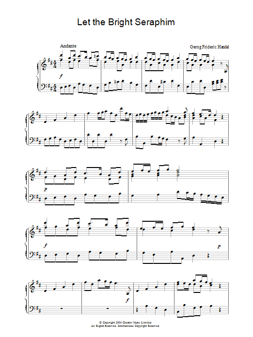 Learn to play George Frideric Handel Let the Bright Seraphim sheet music for Piano Solo in minutes. Price: 7.8900$ George Frideric Handel Let the Bright Seraphim sheet music notes and chords arranged for Piano Solo