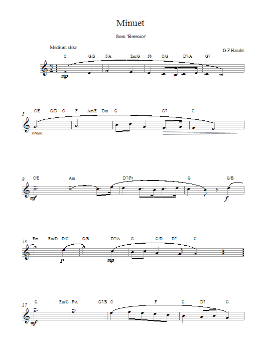 George Frideric Handel Minuet (from Berenice) sheet music notes and chords. Download Printable PDF.