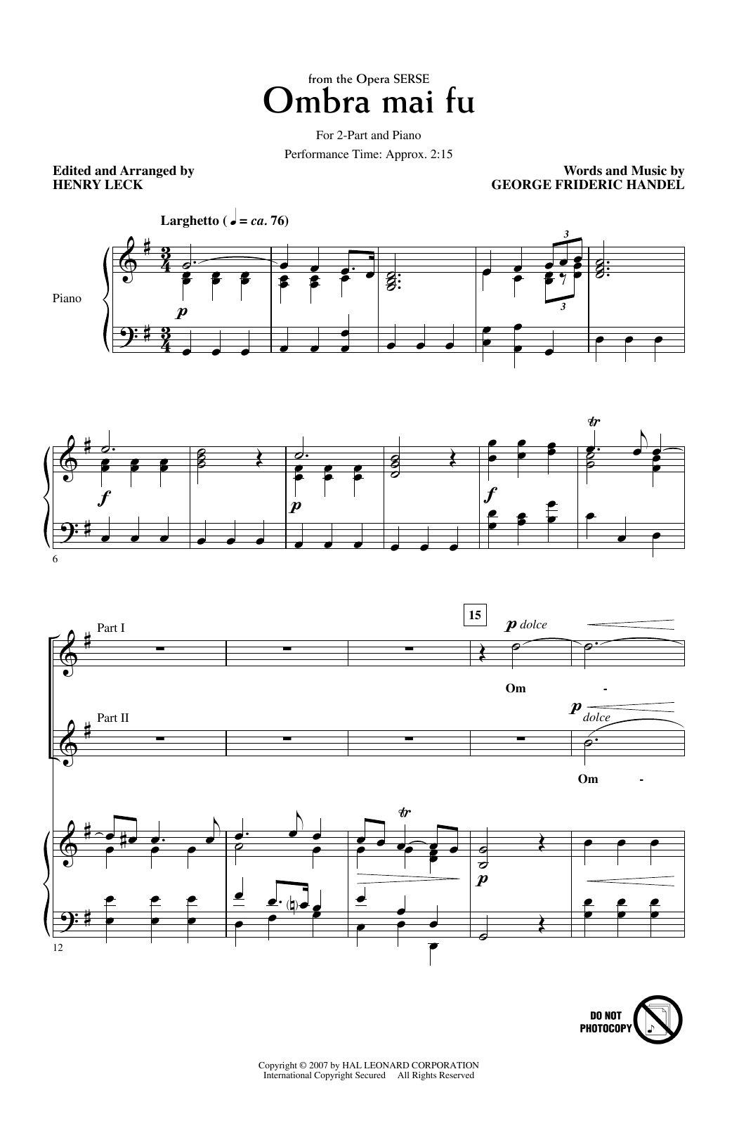 George Frideric Handel Ombra Mai Fu (from Serse) (arr. Henry Leck) sheet music notes and chords. Download Printable PDF.