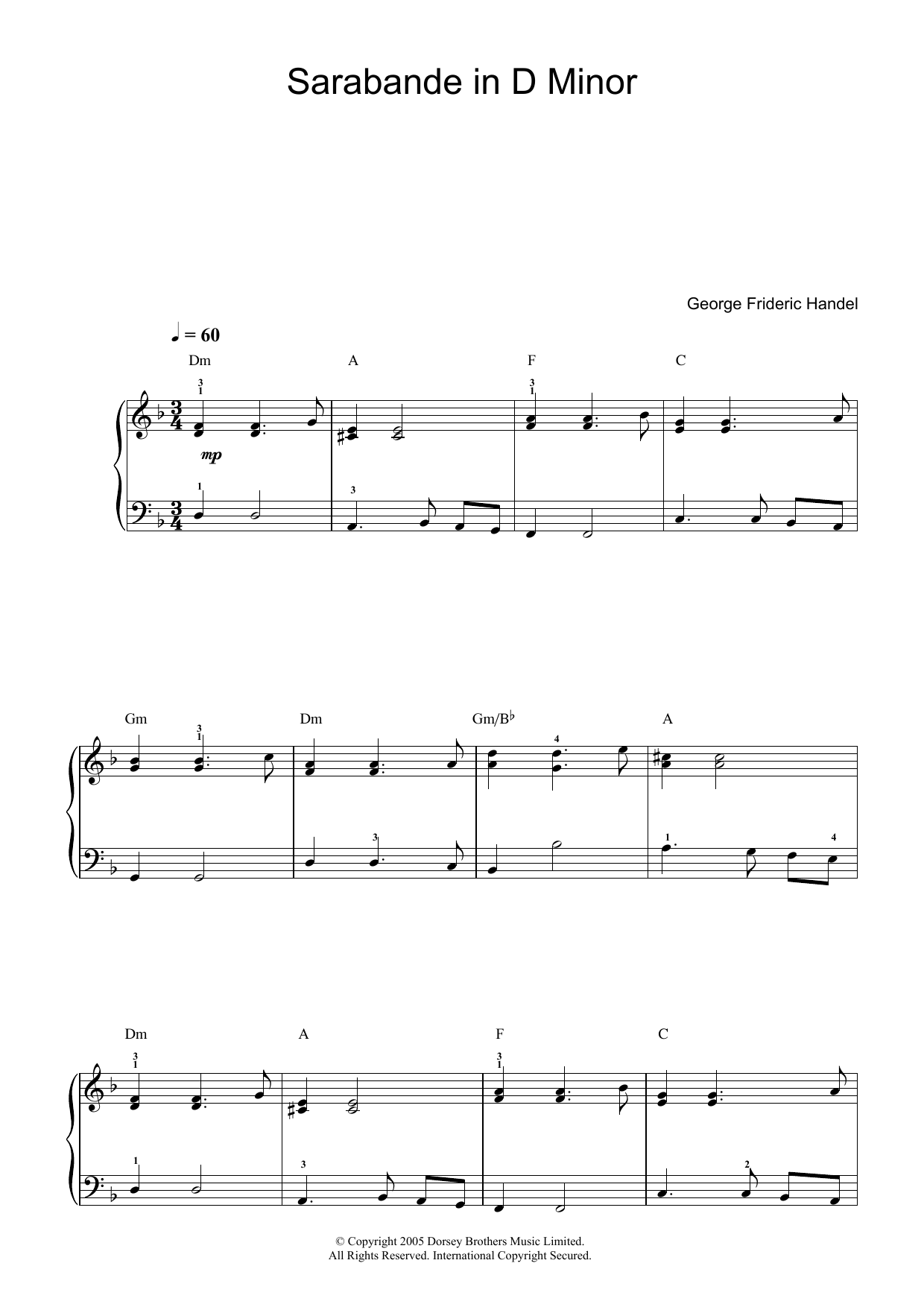 George Frideric Handel Sarabande (from Harpsichord Suite in D Minor) sheet music notes and chords arranged for Beginner Piano (Abridged)