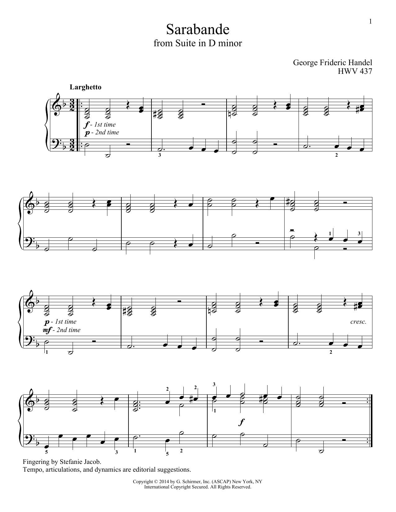 George Frideric Handel Sarabande sheet music notes and chords arranged for Piano Solo