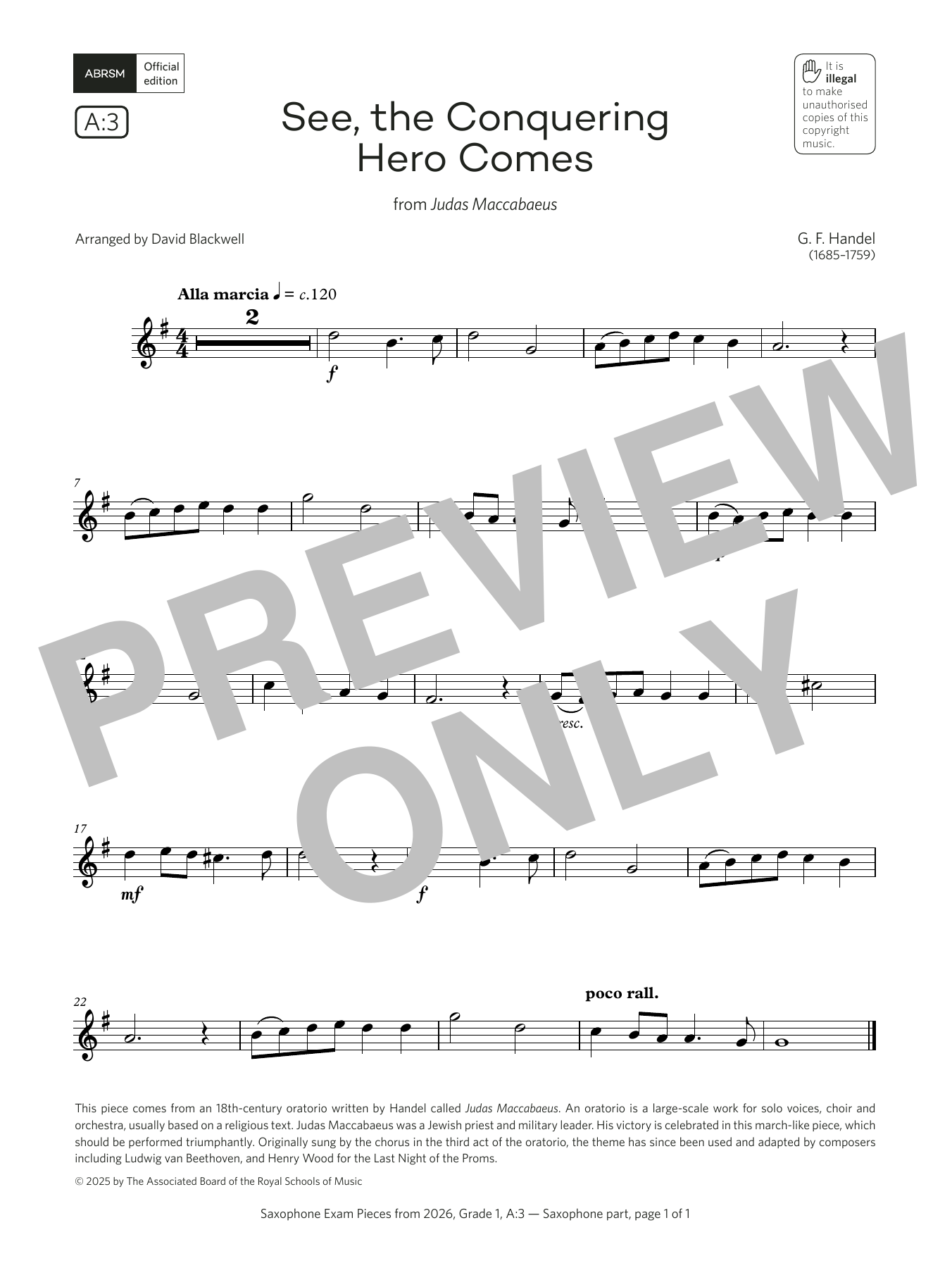 Learn to play George Frideric Handel See, the Conquering (Grade 1, list A3, from the ABRSM Saxophone Syllabus from 2026) sheet music for Alto Sax Solo in minutes. Price: 3.9900$ George Frideric Handel See, the Conquering (Grade 1, list A3, from the ABRSM Saxophone Syllabus from 2026) sheet music notes and chords arranged for Alto Sax Solo