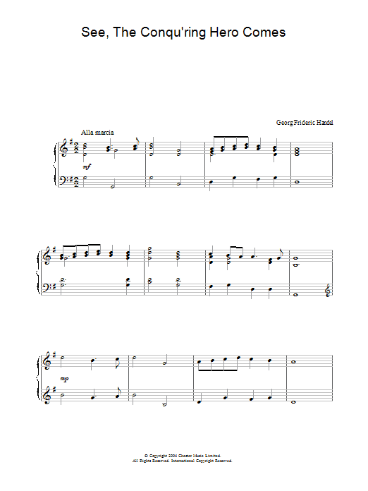 Learn to play George Frideric Handel See, The Conqu'ring Hero Comes sheet music for Piano Solo in minutes. Price: 7.8900$ George Frideric Handel See, The Conqu'ring Hero Comes sheet music notes and chords arranged for Piano Solo