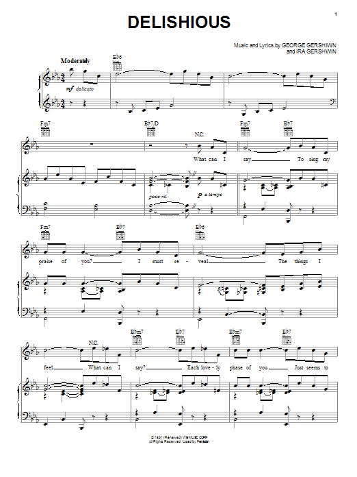 Learn to play George Gershwin Delishious sheet music for Piano, Vocal & Guitar Chords (Right-Hand Melody) in minutes. Price: 7.8900$ George Gershwin Delishious sheet music notes and chords arranged for Piano, Vocal & Guitar Chords (Right-Hand Melody)