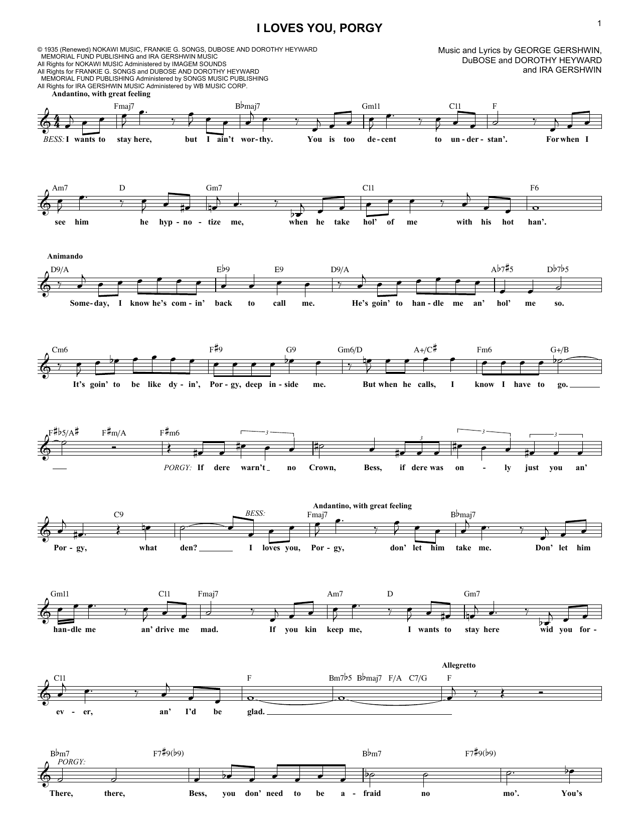 George Gershwin I Loves You, Porgy sheet music notes and chords. Download Printable PDF.