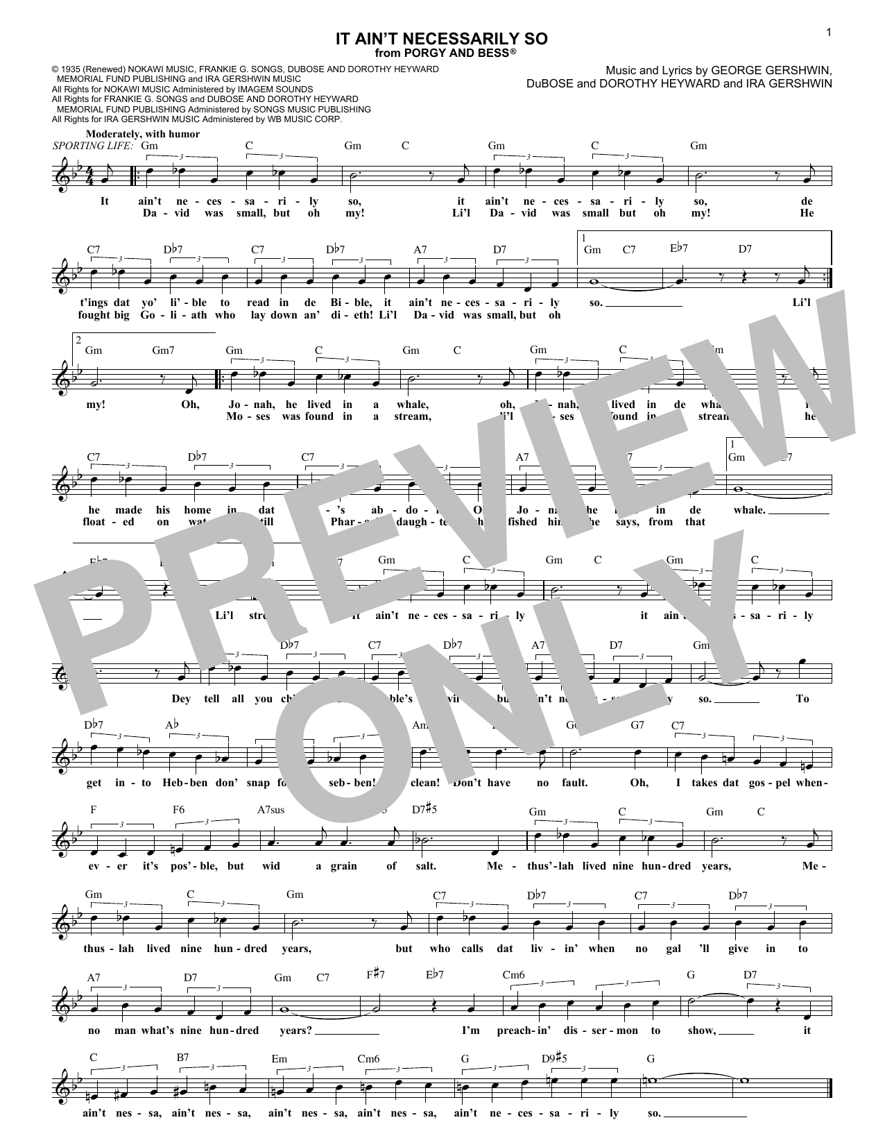 George Gershwin It Ain't Necessarily So sheet music notes and chords. Download Printable PDF.