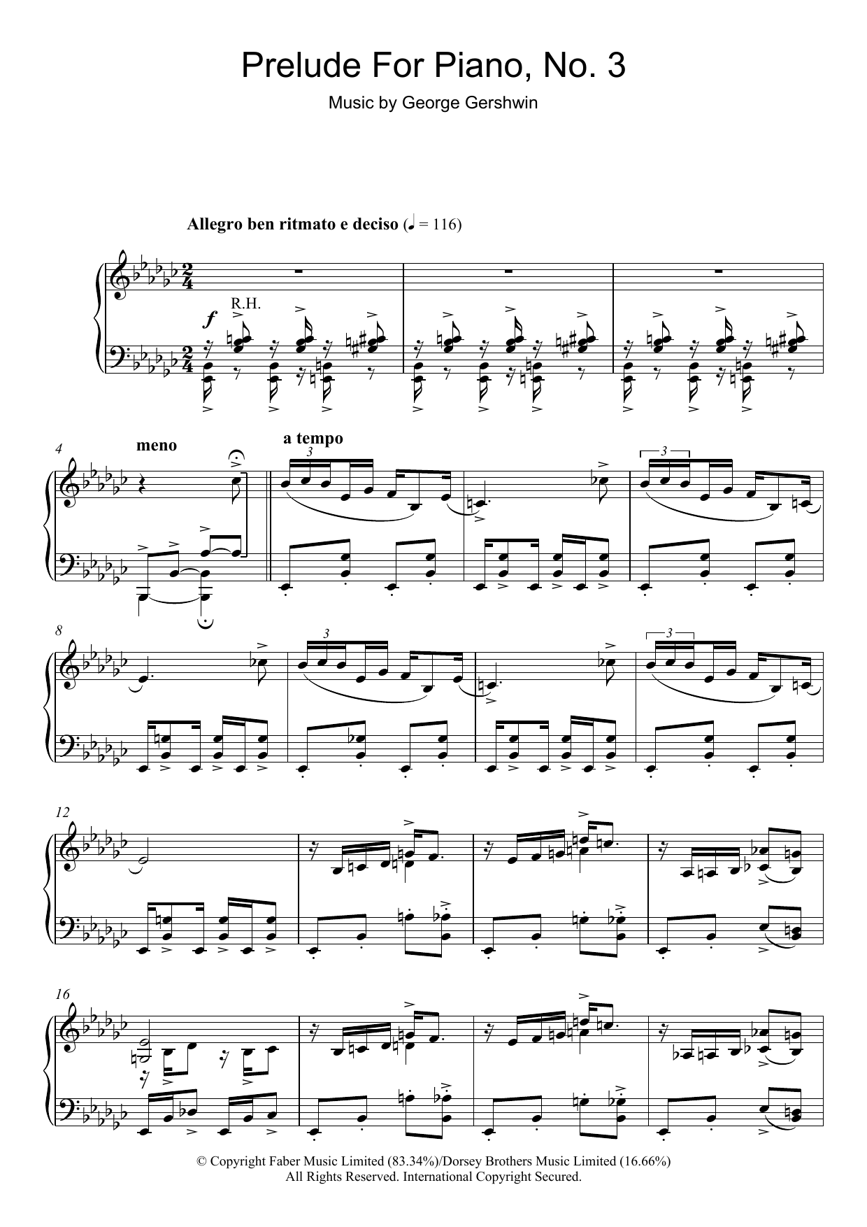 George Gershwin Prelude For Piano, No.3 sheet music notes and chords. Download Printable PDF.