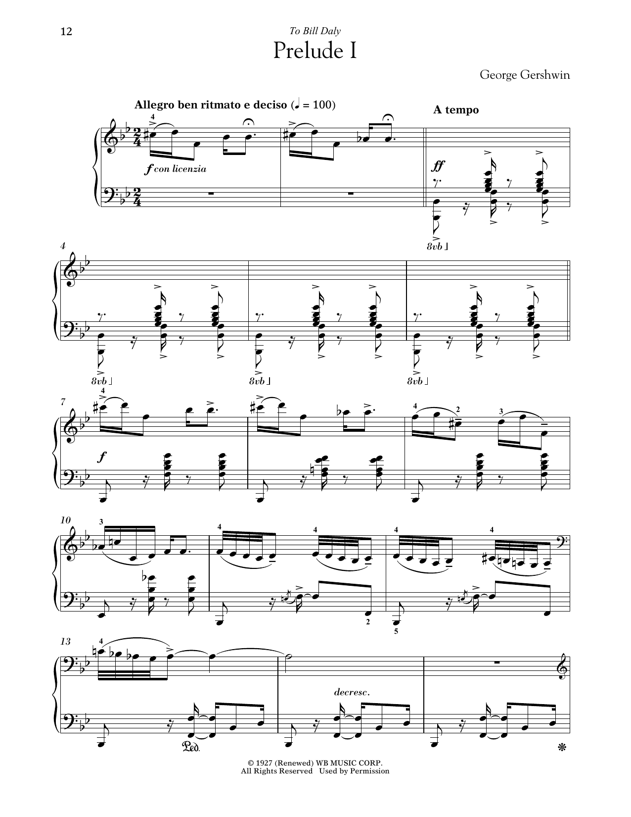 George Gershwin Prelude I (Allegro Ben Ritmato E Deciso) sheet music notes and chords. Download Printable PDF.