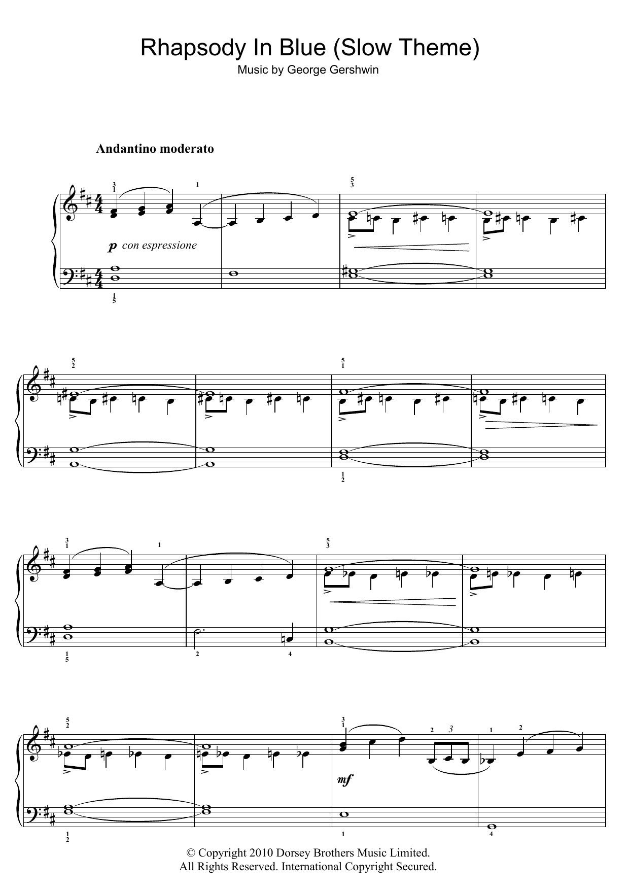 George Gershwin Rhapsody In Blue (Slow Theme) sheet music notes and chords. Download Printable PDF.