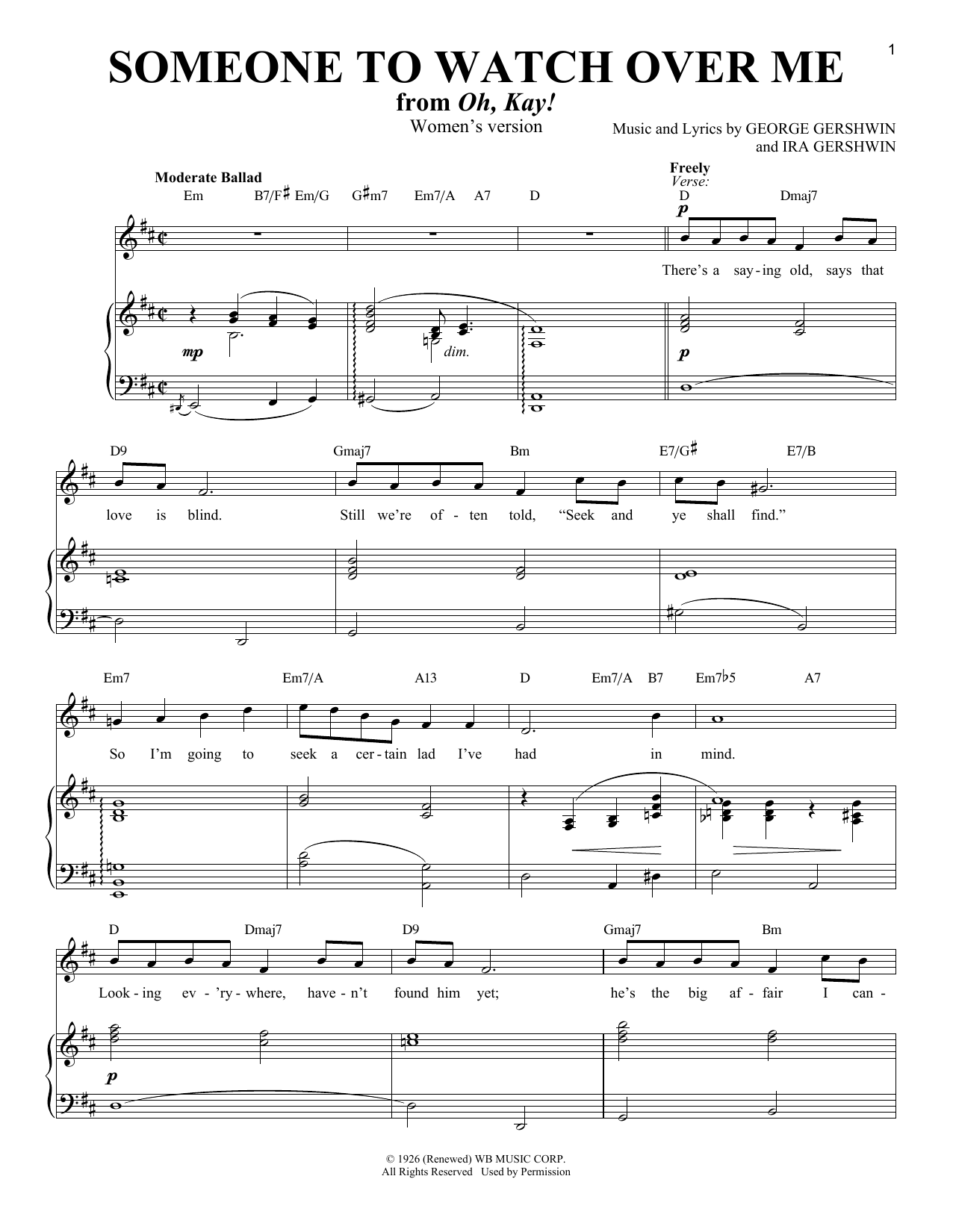 George Gershwin Someone To Watch Over Me (from Oh, Kay!) [Women's version] sheet music notes and chords. Download Printable PDF.