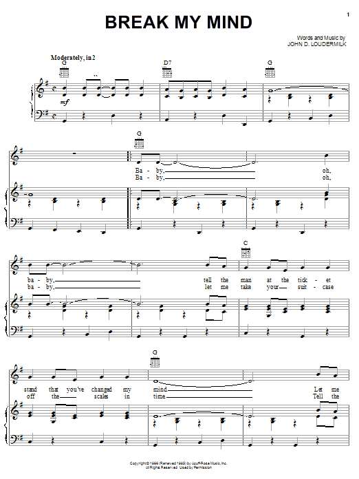 Learn to play George Hamilton IV Break My Mind sheet music for Piano, Vocal & Guitar Chords (Right-Hand Melody) in minutes. Price: 7.8900$ George Hamilton IV Break My Mind sheet music notes and chords arranged for Piano, Vocal & Guitar Chords (Right-Hand Melody)