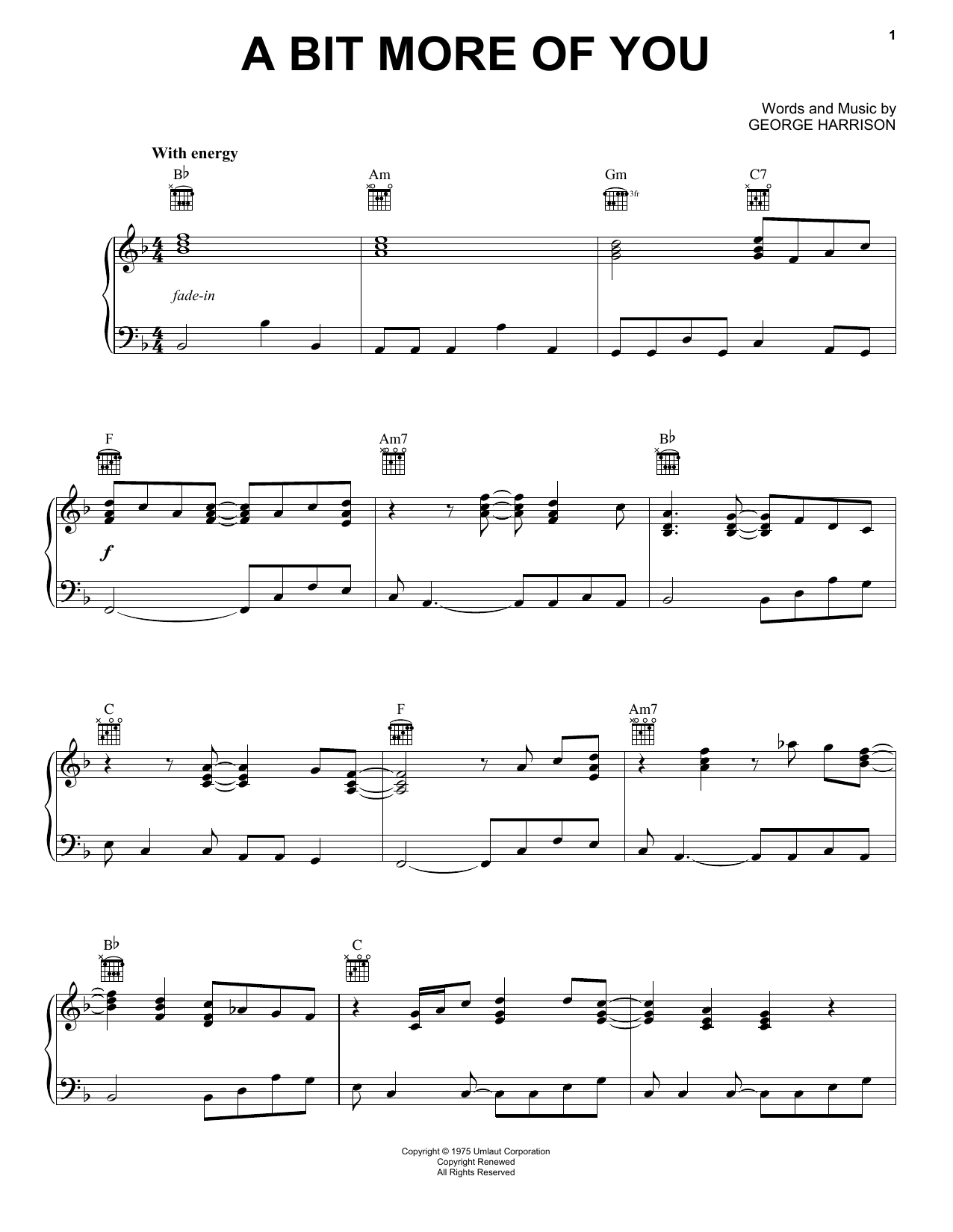 Learn to play George Harrison A Bit More Of You sheet music for Piano Solo in minutes. Price: 7.8900$ George Harrison A Bit More Of You sheet music notes and chords arranged for Piano Solo