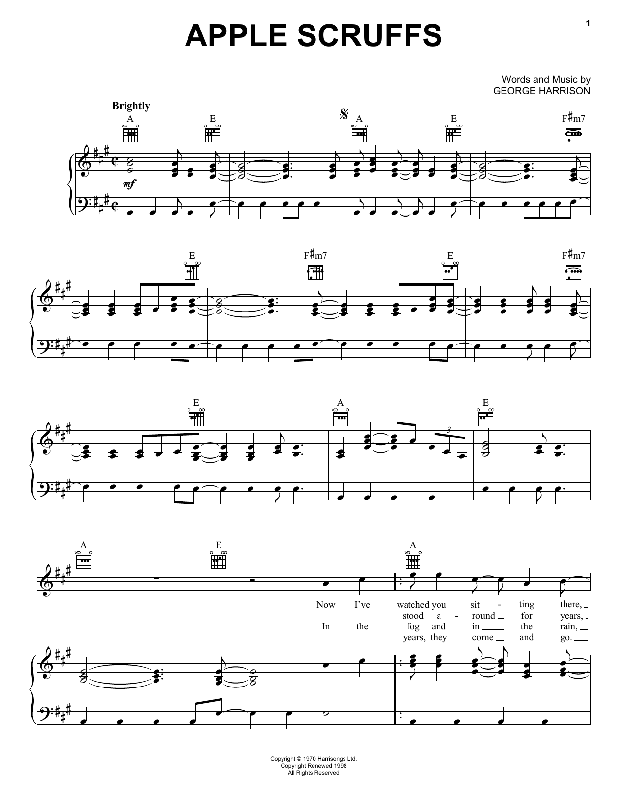 Learn to play George Harrison Apple Scruffs sheet music for Piano, Vocal & Guitar Chords (Right-Hand Melody) in minutes. Price: 7.8900$ George Harrison Apple Scruffs sheet music notes and chords arranged for Piano, Vocal & Guitar Chords (Right-Hand Melody)