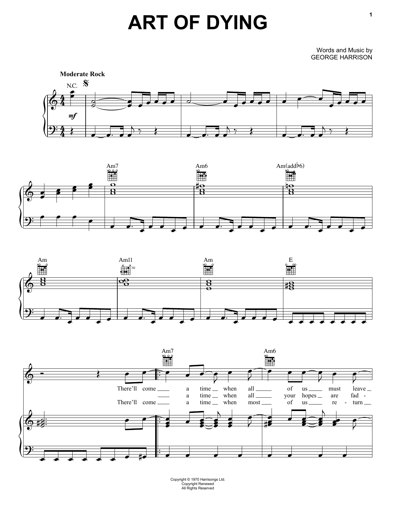 Learn to play George Harrison Art Of Dying sheet music for Piano, Vocal & Guitar Chords (Right-Hand Melody) in minutes. Price: 7.8900$ George Harrison Art Of Dying sheet music notes and chords arranged for Piano, Vocal & Guitar Chords (Right-Hand Melody)