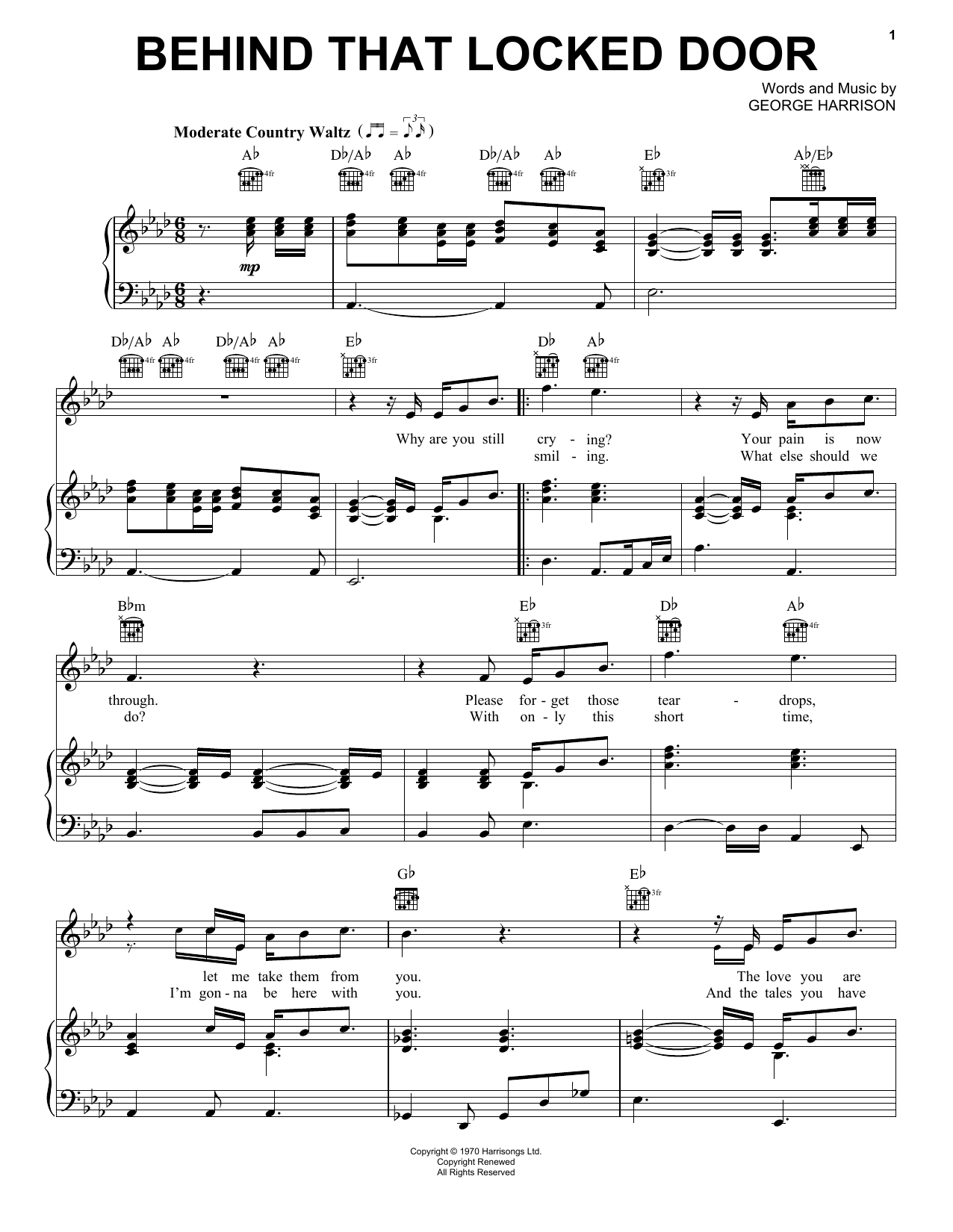 Learn to play George Harrison Behind That Locked Door sheet music for Piano, Vocal & Guitar Chords (Right-Hand Melody) in minutes. Price: 7.8900$ George Harrison Behind That Locked Door sheet music notes and chords arranged for Piano, Vocal & Guitar Chords (Right-Hand Melody)