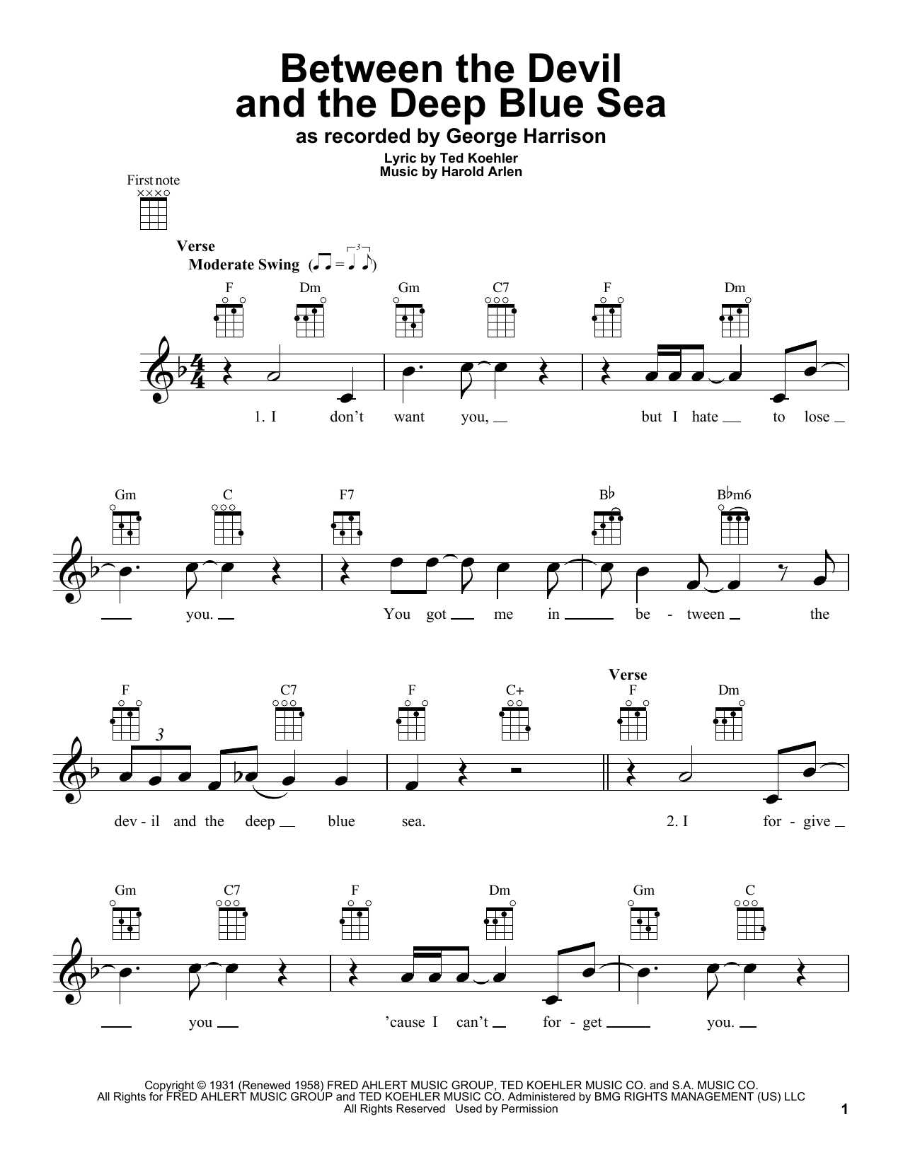 Learn to play George Harrison Between The Devil And The Deep Blue Sea sheet music for Ukulele in minutes. Price: 5.9900$ George Harrison Between The Devil And The Deep Blue Sea sheet music notes and chords arranged for Ukulele