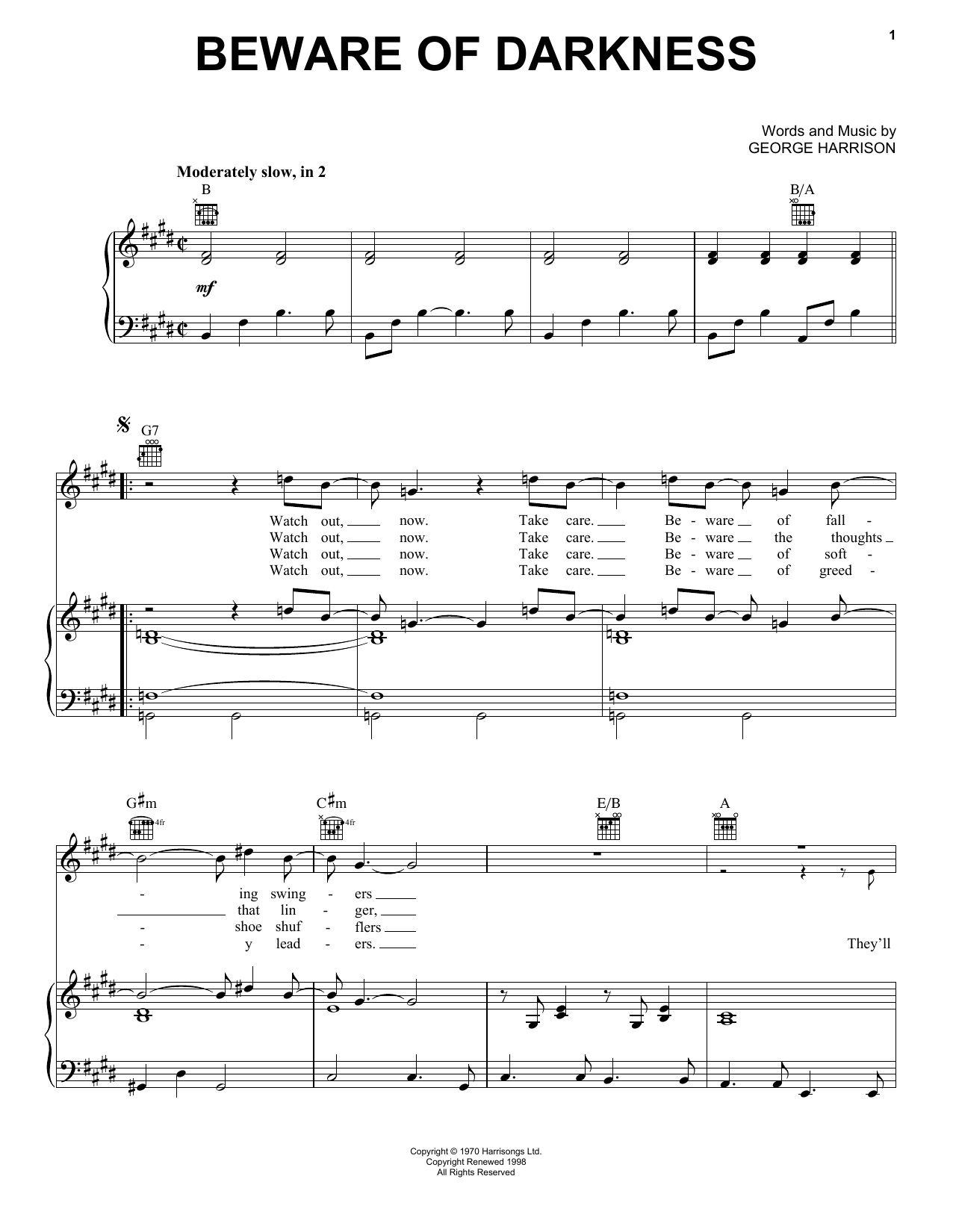 Learn to play George Harrison Beware Of Darkness sheet music for Piano, Vocal & Guitar Chords (Right-Hand Melody) in minutes. Price: 7.8900$ George Harrison Beware Of Darkness sheet music notes and chords arranged for Piano, Vocal & Guitar Chords (Right-Hand Melody)