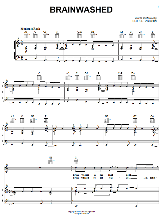 Learn to play George Harrison Brainwashed sheet music for Piano, Vocal & Guitar Chords (Right-Hand Melody) in minutes. Price: 7.8900$ George Harrison Brainwashed sheet music notes and chords arranged for Piano, Vocal & Guitar Chords (Right-Hand Melody)