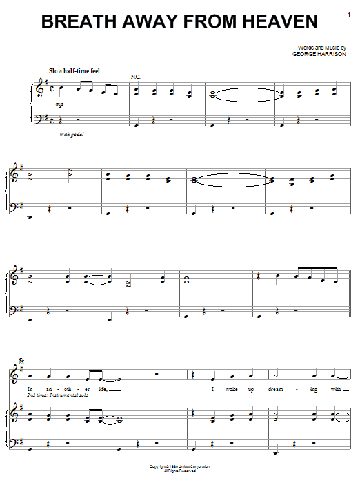 Learn to play George Harrison Breath Away From Heaven sheet music for Piano, Vocal & Guitar Chords (Right-Hand Melody) in minutes. Price: 7.8900$ George Harrison Breath Away From Heaven sheet music notes and chords arranged for Piano, Vocal & Guitar Chords (Right-Hand Melody)