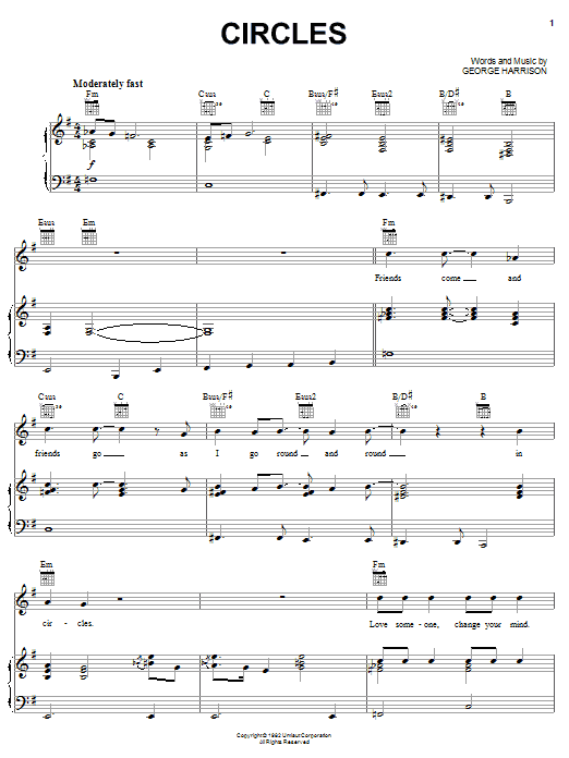Learn to play George Harrison Circles sheet music for Piano, Vocal & Guitar Chords (Right-Hand Melody) in minutes. Price: 7.8900$ George Harrison Circles sheet music notes and chords arranged for Piano, Vocal & Guitar Chords (Right-Hand Melody)