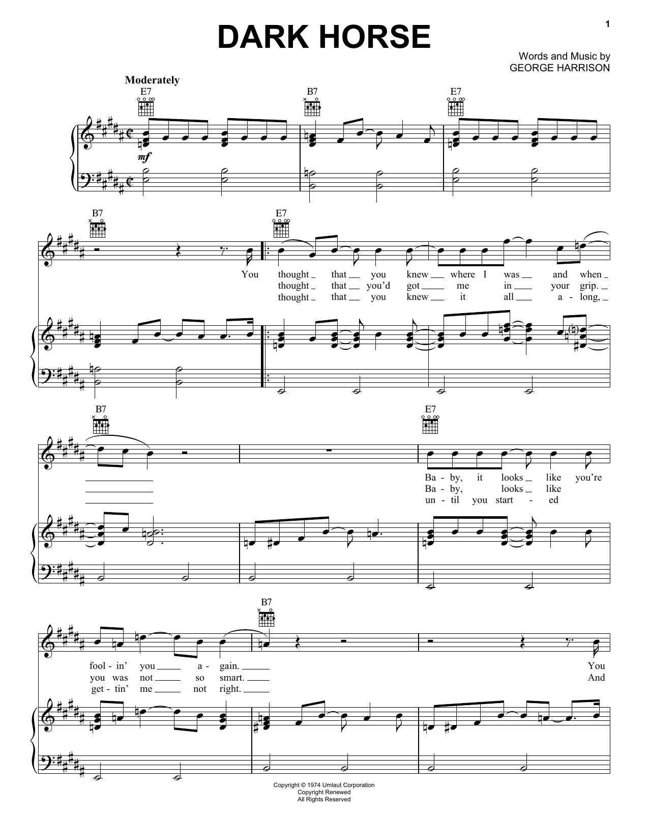Learn to play George Harrison Dark Horse sheet music for Piano, Vocal & Guitar Chords (Right-Hand Melody) in minutes. Price: 7.8900$ George Harrison Dark Horse sheet music notes and chords arranged for Piano, Vocal & Guitar Chords (Right-Hand Melody)