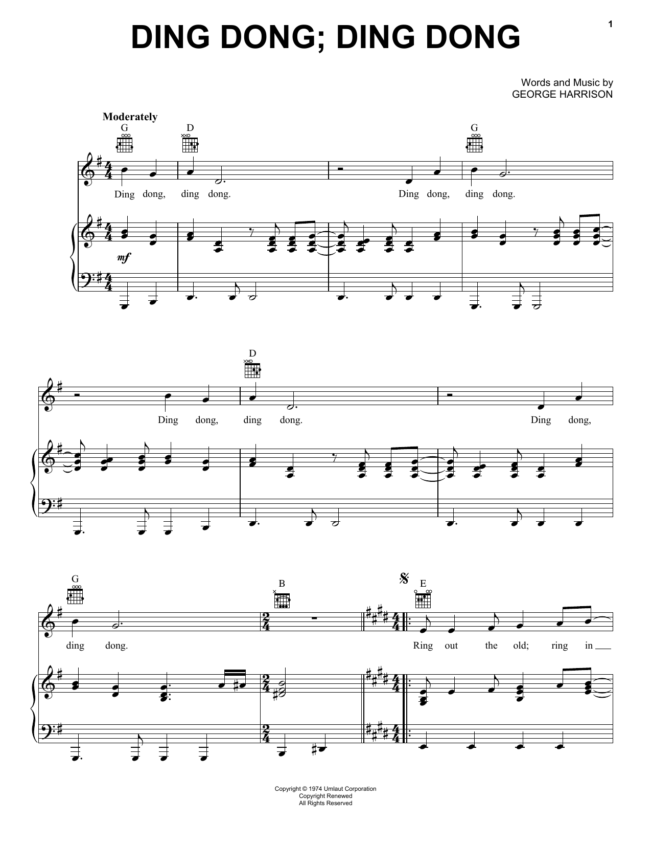 George Harrison Ding Dong; Ding Dong sheet music notes and chords arranged for Piano, Vocal & Guitar Chords (Right-Hand Melody)