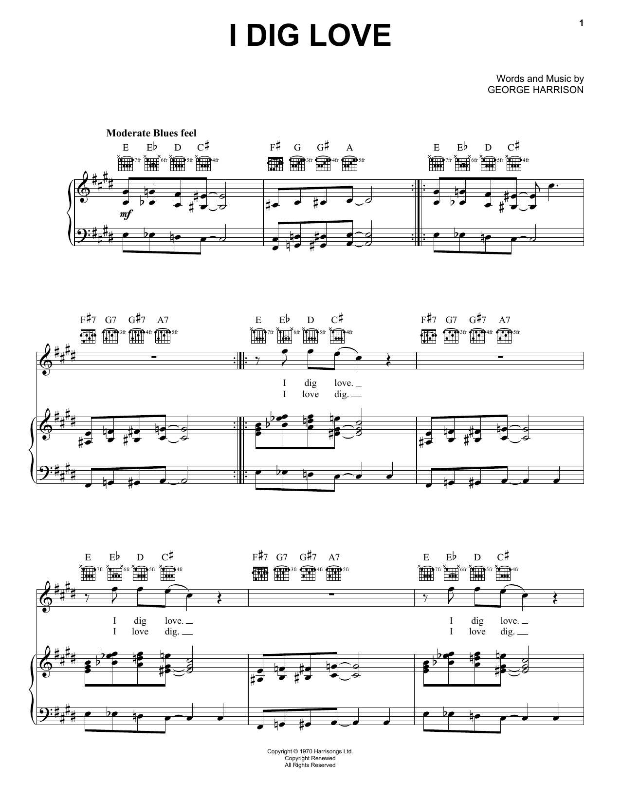 Learn to play George Harrison I Dig Love sheet music for Piano, Vocal & Guitar Chords (Right-Hand Melody) in minutes. Price: 7.8900$ George Harrison I Dig Love sheet music notes and chords arranged for Piano, Vocal & Guitar Chords (Right-Hand Melody)