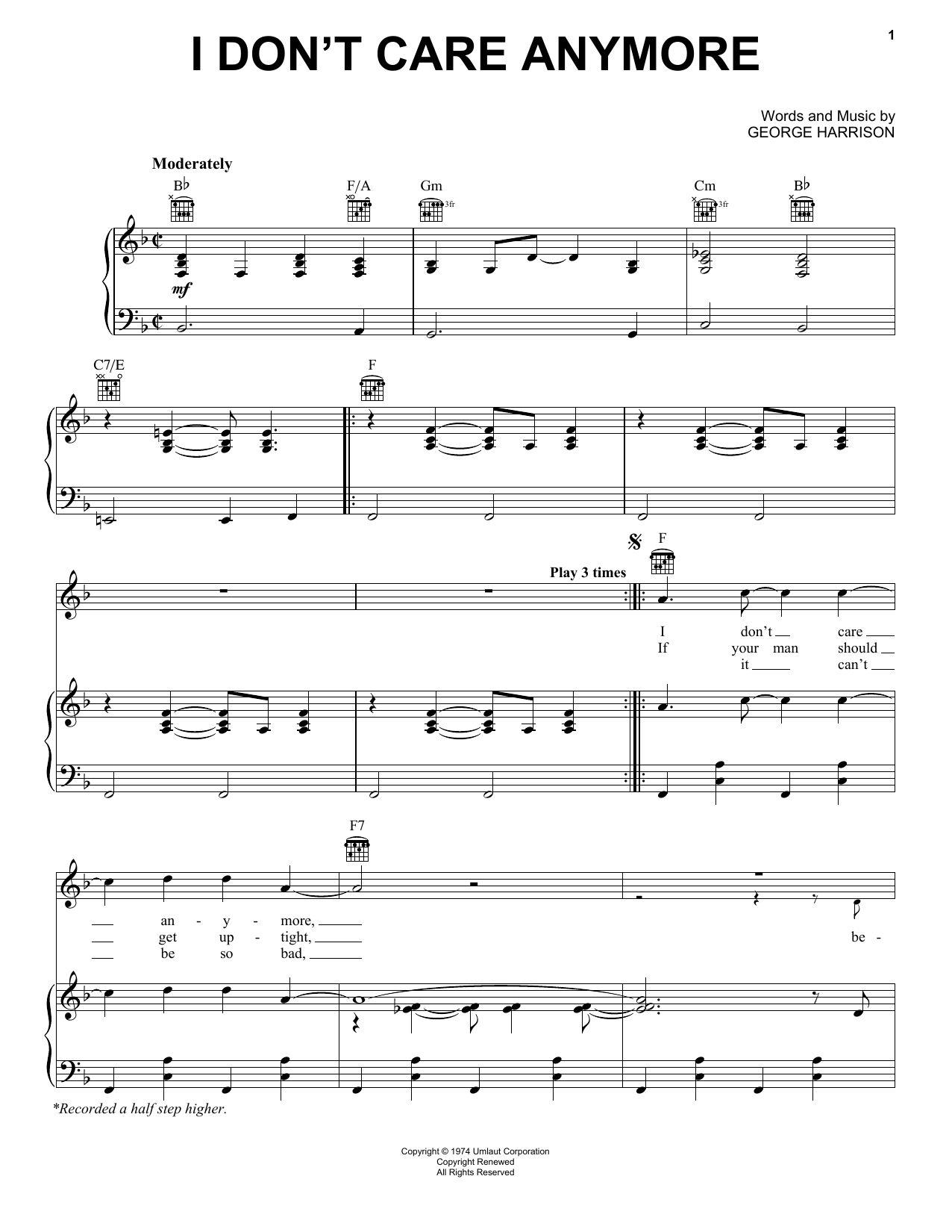 Learn to play George Harrison I Don't Care Anymore sheet music for Piano, Vocal & Guitar Chords (Right-Hand Melody) in minutes. Price: 7.8900$ George Harrison I Don't Care Anymore sheet music notes and chords arranged for Piano, Vocal & Guitar Chords (Right-Hand Melody)