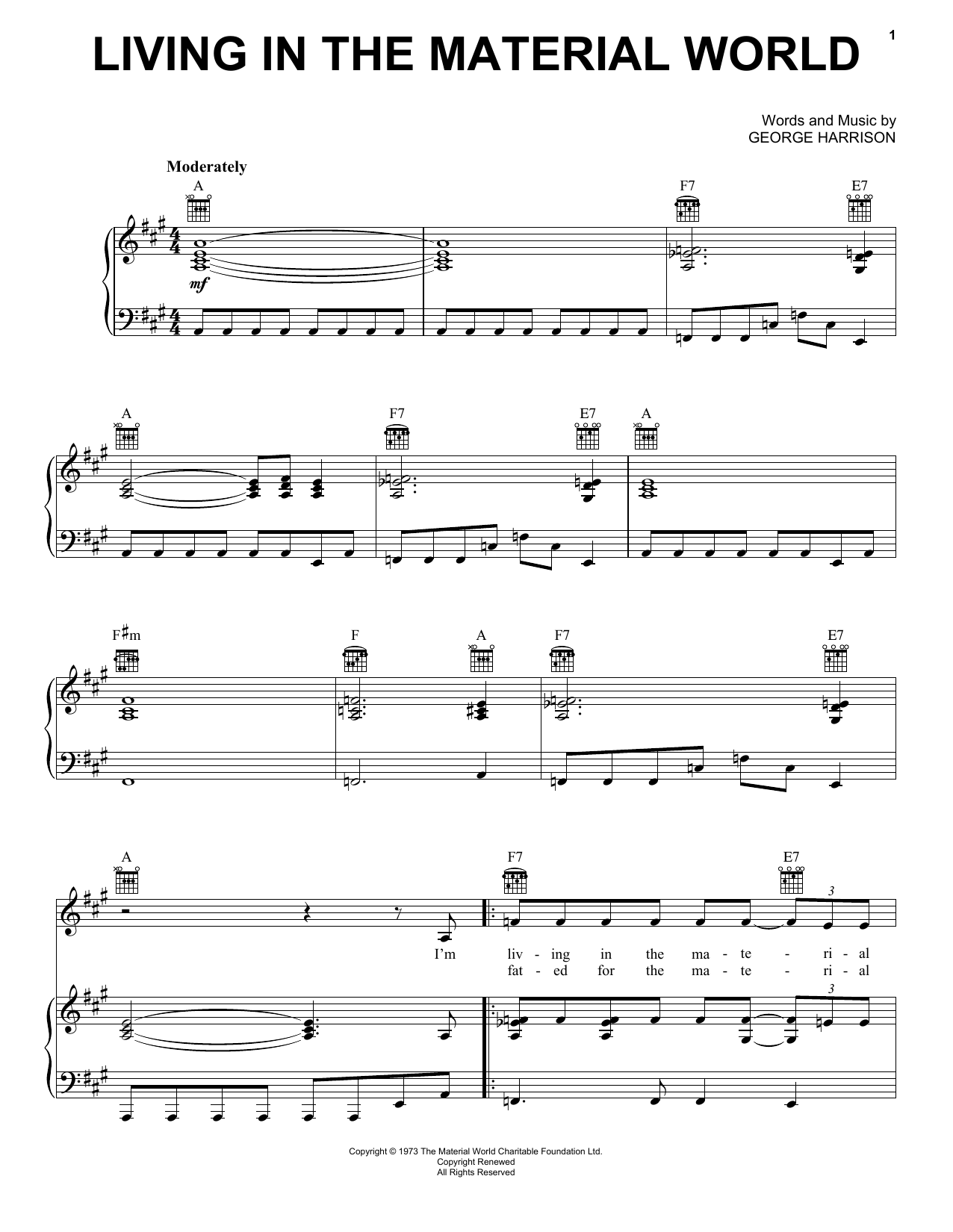 Learn to play George Harrison Living In The Material World sheet music for Piano, Vocal & Guitar Chords (Right-Hand Melody) in minutes. Price: 7.8900$ George Harrison Living In The Material World sheet music notes and chords arranged for Piano, Vocal & Guitar Chords (Right-Hand Melody)