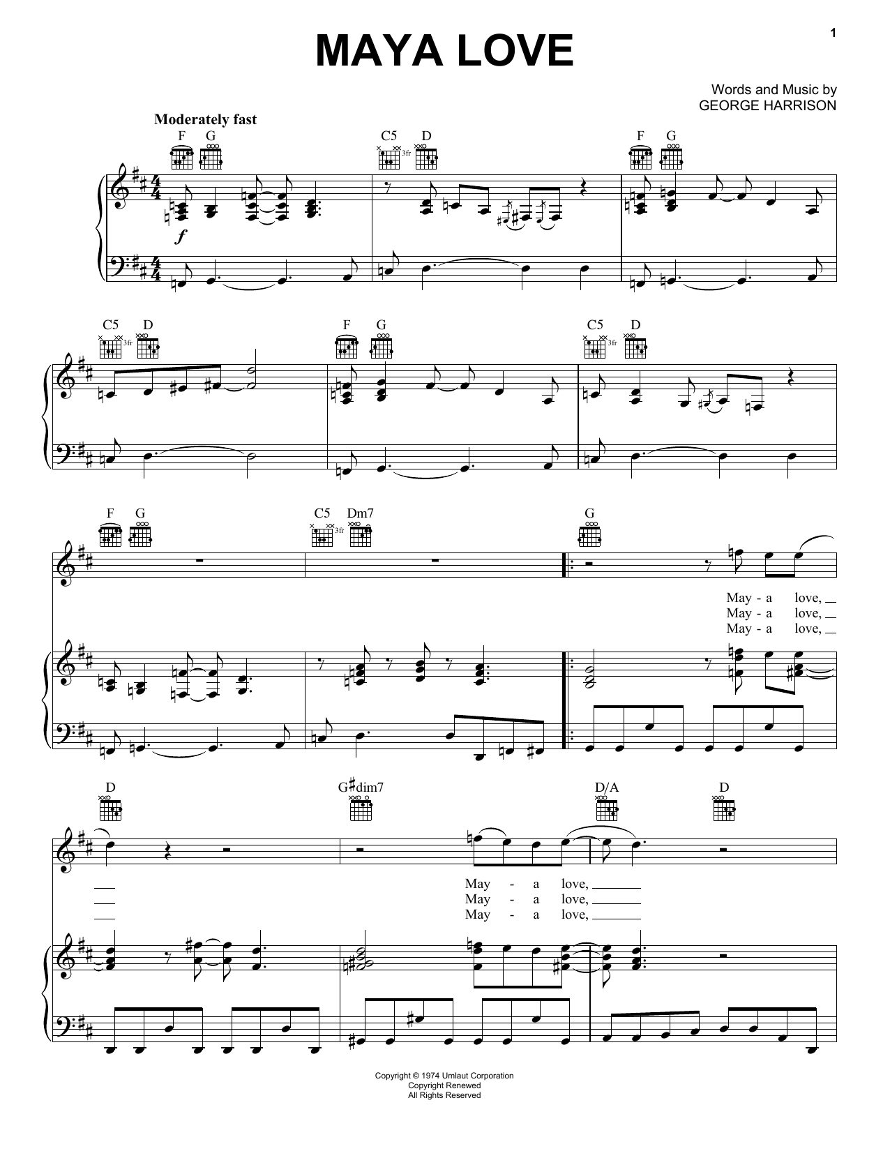 Learn to play George Harrison Maya Love sheet music for Piano, Vocal & Guitar Chords (Right-Hand Melody) in minutes. Price: 7.8900$ George Harrison Maya Love sheet music notes and chords arranged for Piano, Vocal & Guitar Chords (Right-Hand Melody)