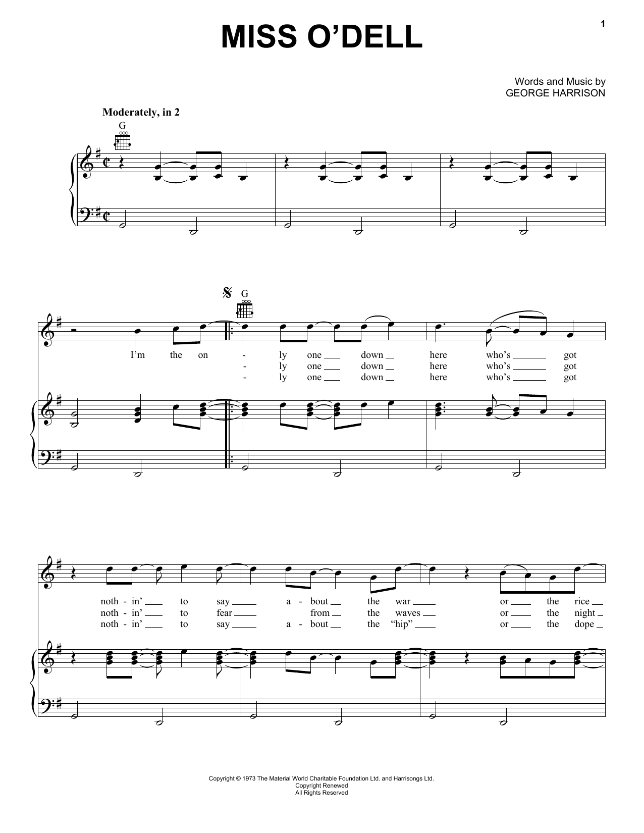 Learn to play George Harrison Miss O'Dell sheet music for Piano, Vocal & Guitar Chords (Right-Hand Melody) in minutes. Price: 7.8900$ George Harrison Miss O'Dell sheet music notes and chords arranged for Piano, Vocal & Guitar Chords (Right-Hand Melody)